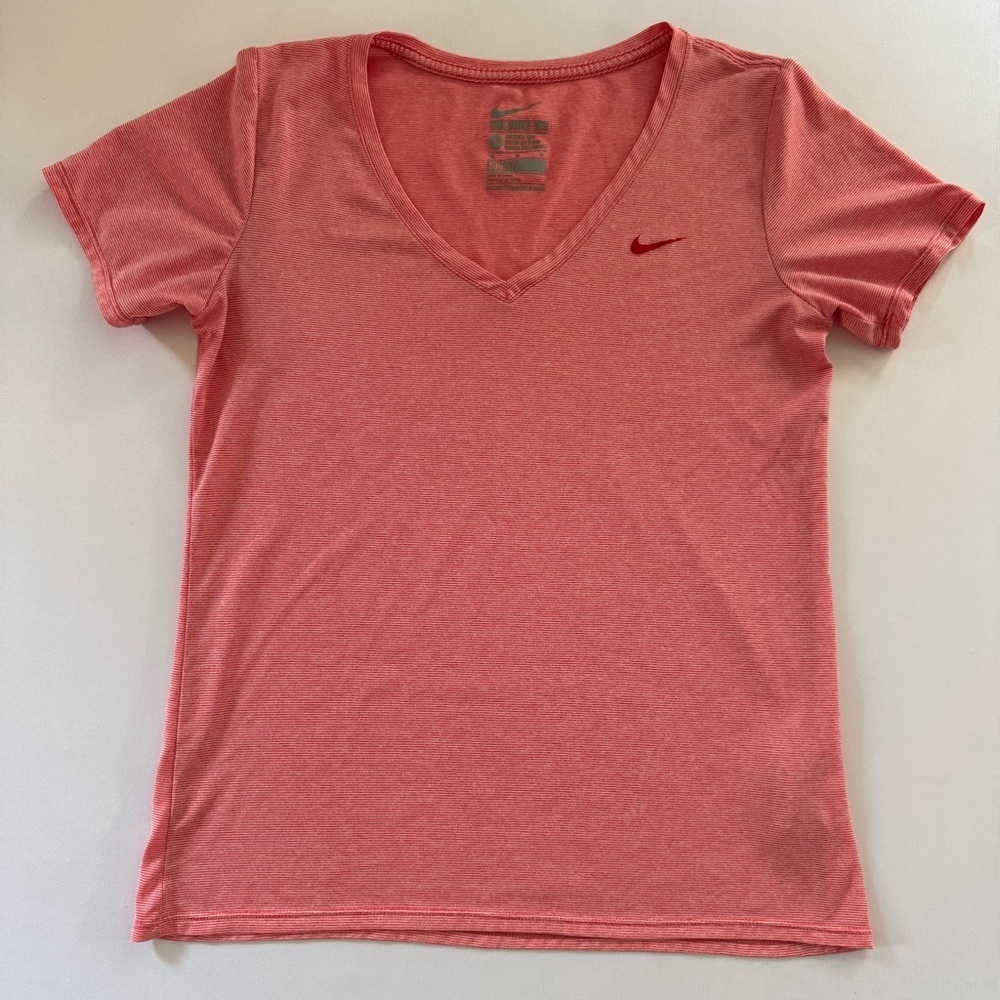 The Nike Tee- Women’s Dri-FIT Athletic Cut V-neck Red/White Stripes Size M